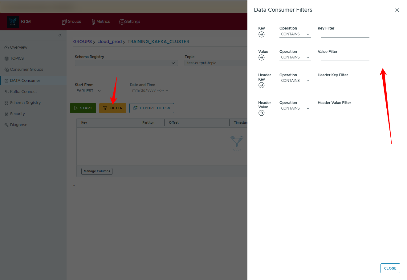 Data Consumer filters dialog allowing key, value, and header filters